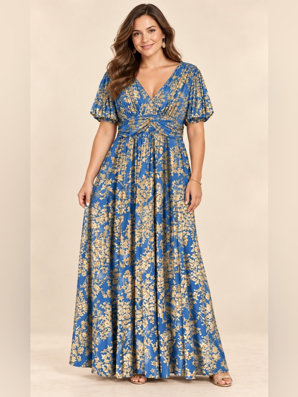 Blue Floral V-Neck Maxi Dress